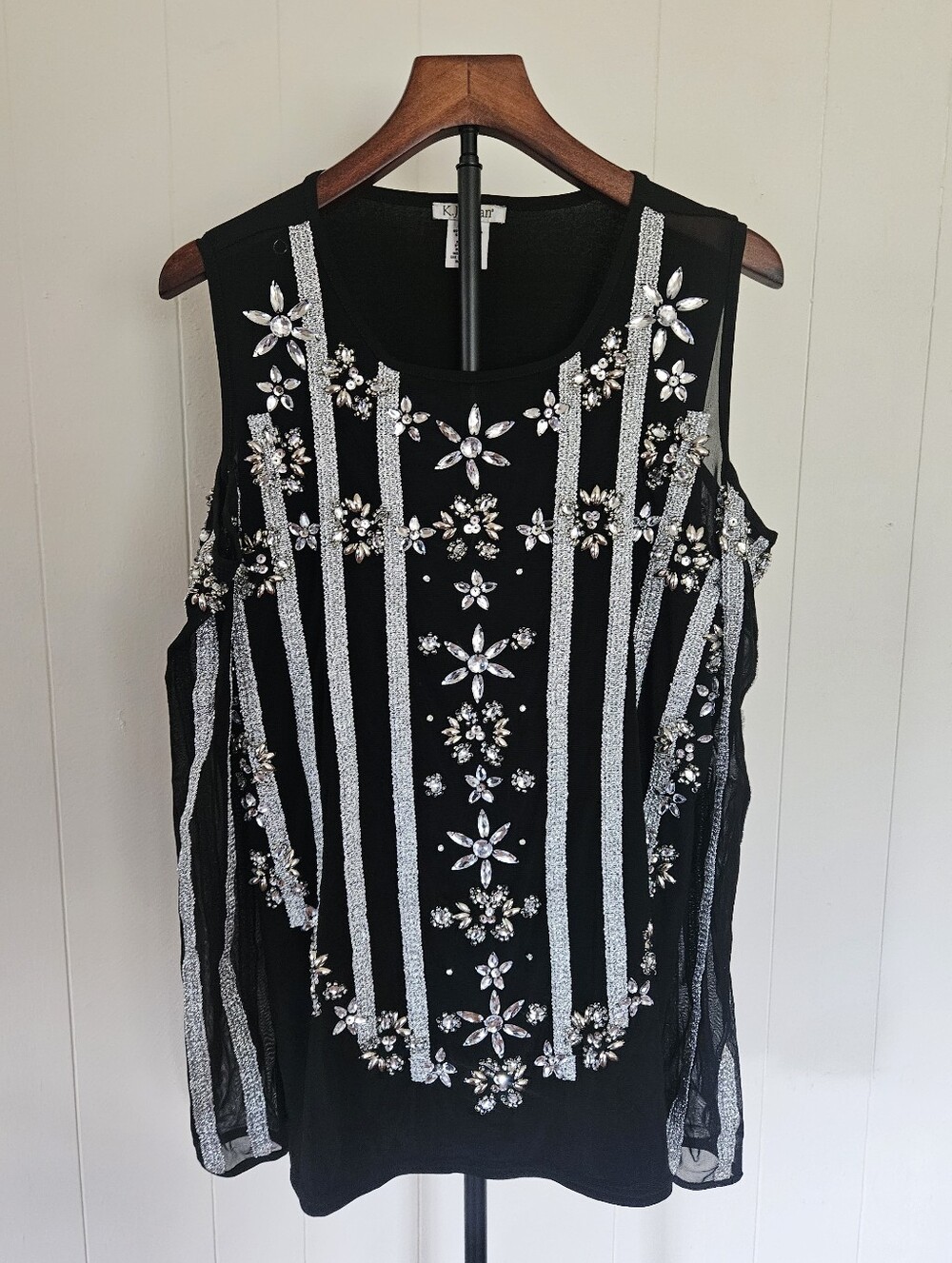 K.Jordan Black Cold-Shoulder Blouse with Silver Beaded Stripes Size XL